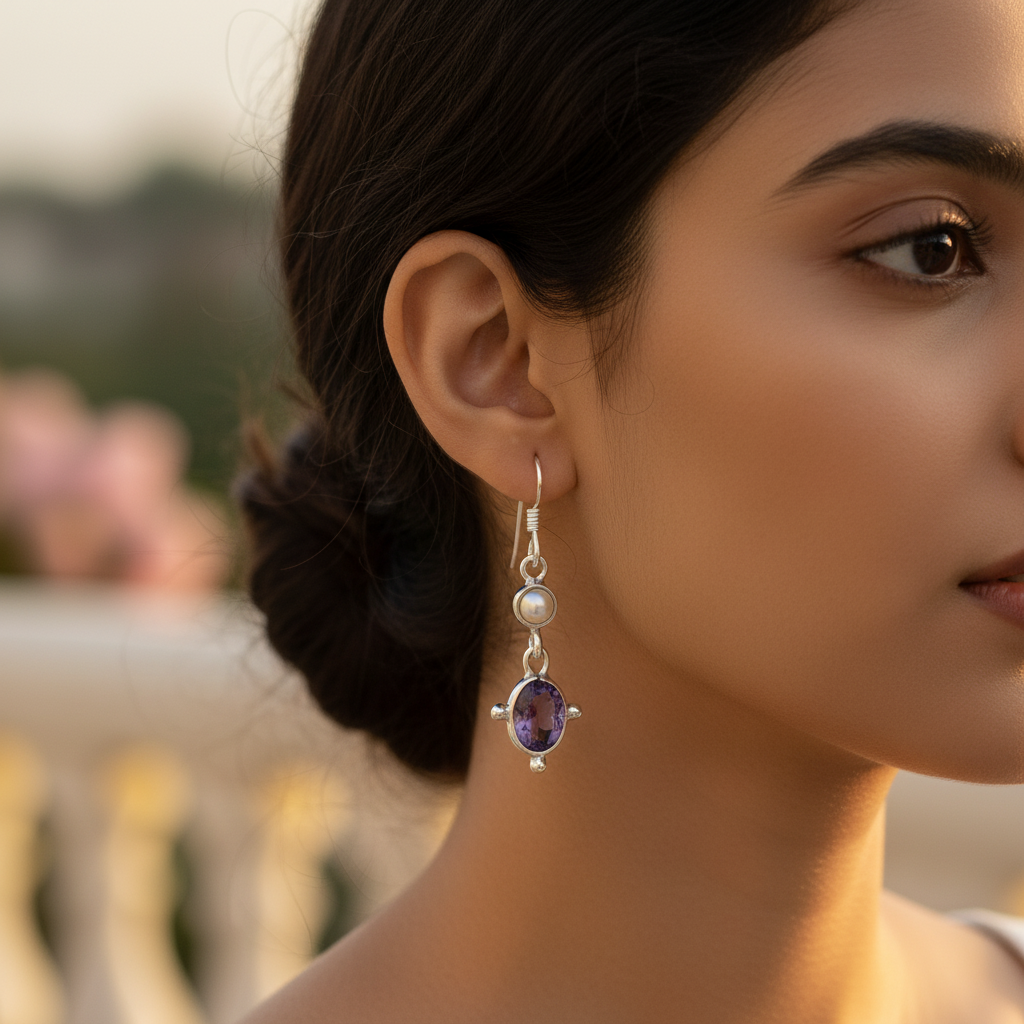 925 Silver Amethyst & Pearl Drop Earrings for Women | Gift