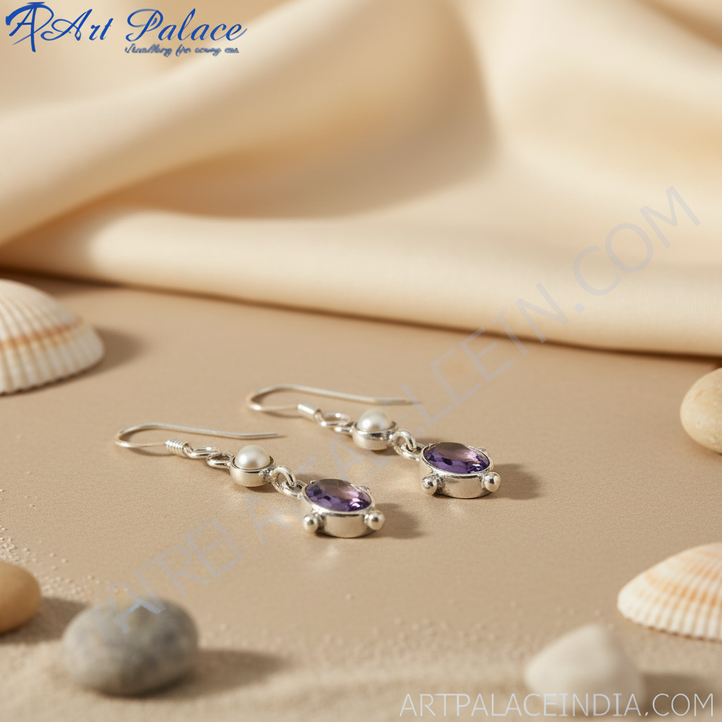 925 silver amethyst & pearl drop earrings for women | gift