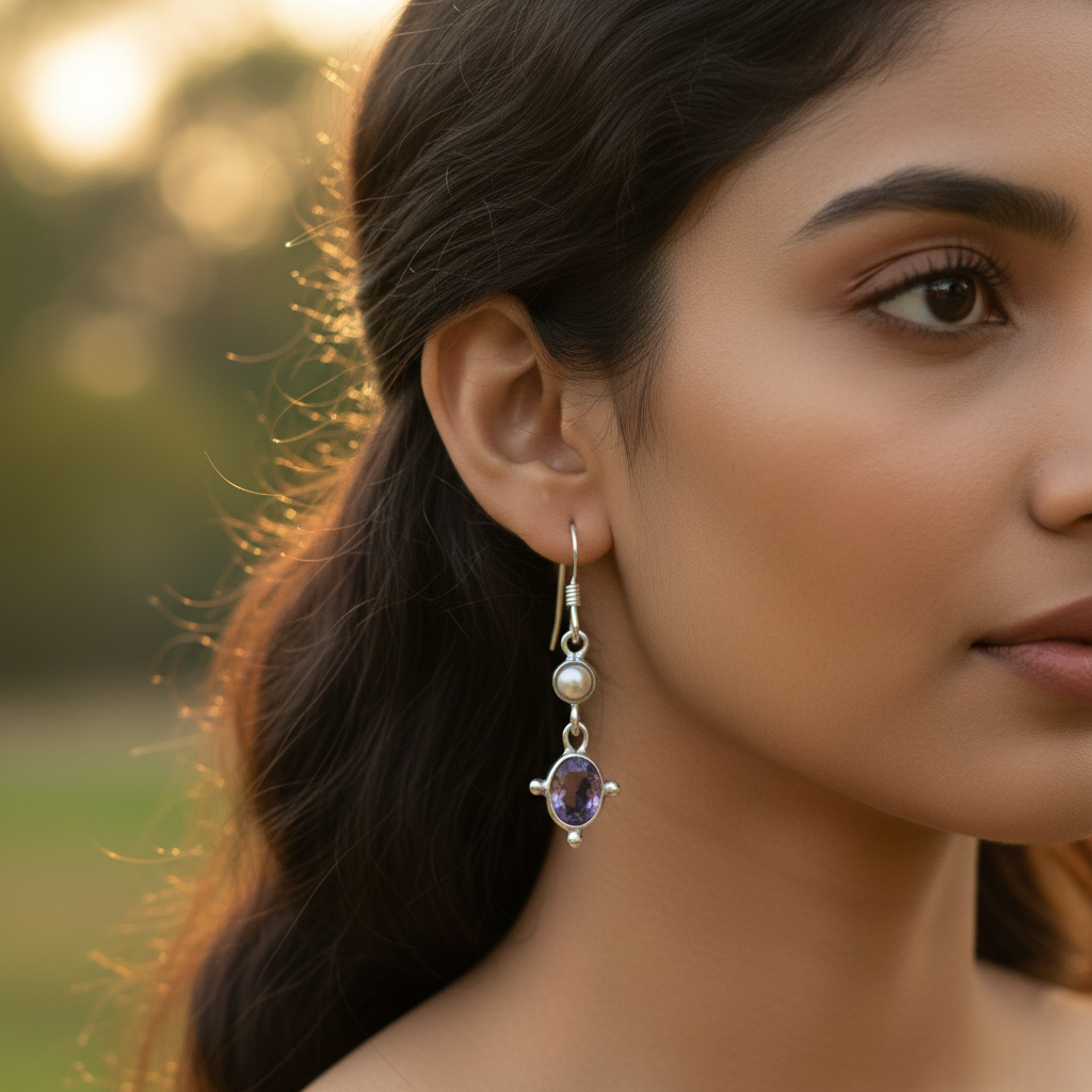 925 Silver Amethyst & Pearl Drop Earrings for Women | Gift