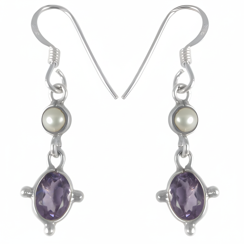 925 Silver Amethyst & Pearl Drop Earrings for Women | Gift
