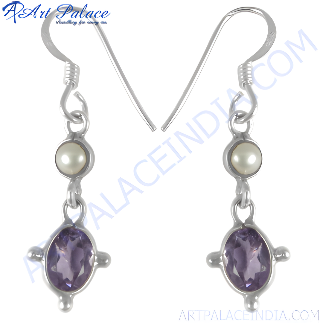 925 sterling silver drop earrings featuring amethyst gemstone and pearl accents.