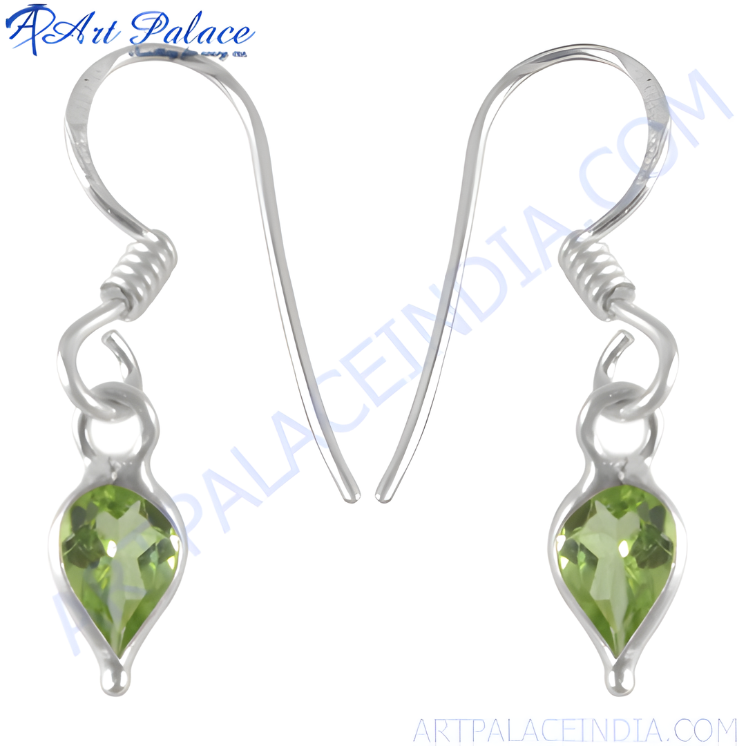 925 sterling silver drop earrings with pear-shaped green peridot gemstones.