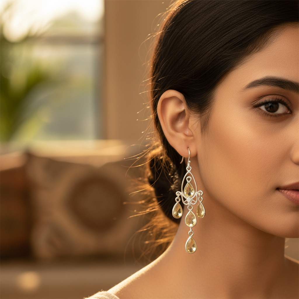 925纯银黄水晶吊灯耳环 | 宝石首饰