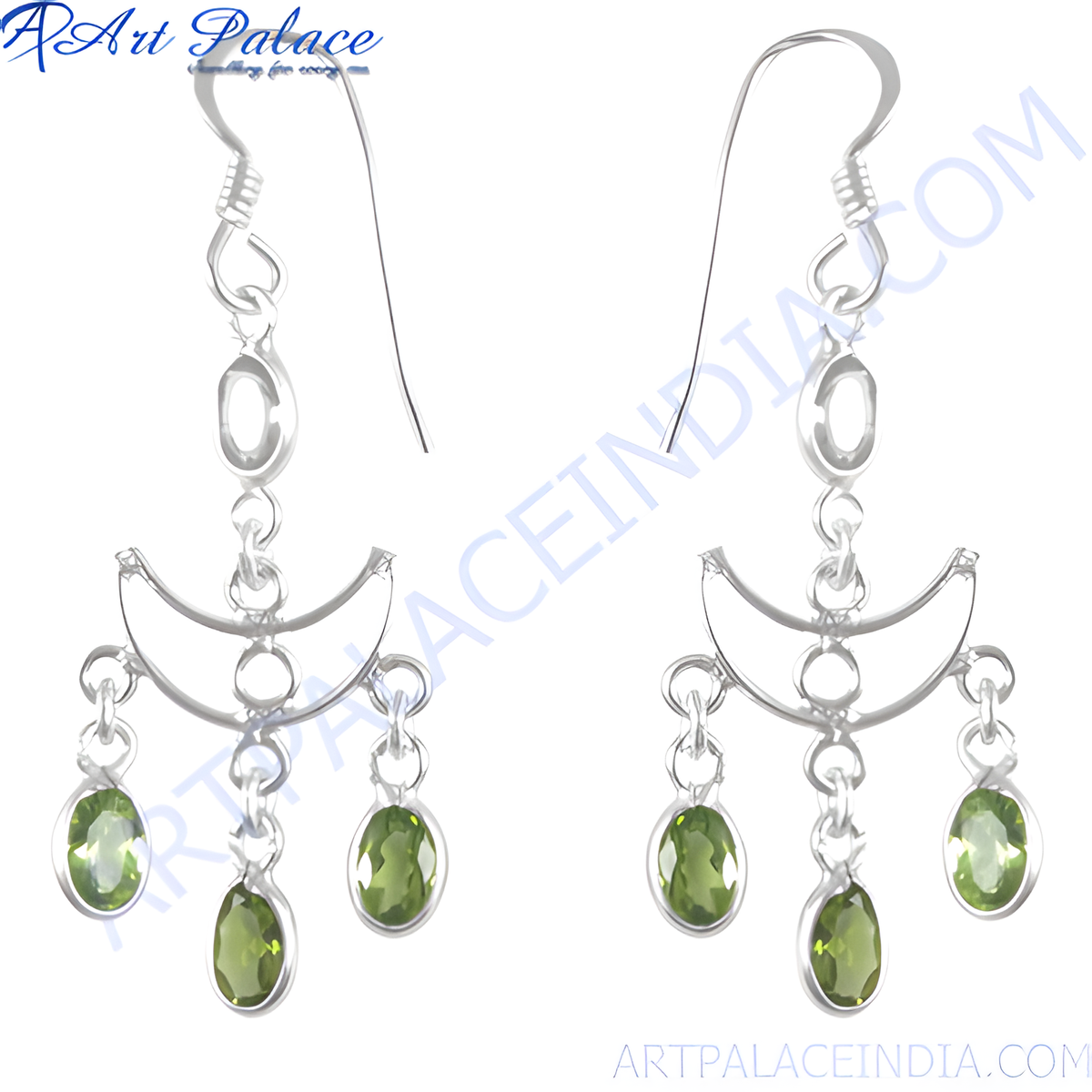 Sterling silver dangle earrings with oval cut peridot gemstones in a chandelier design
