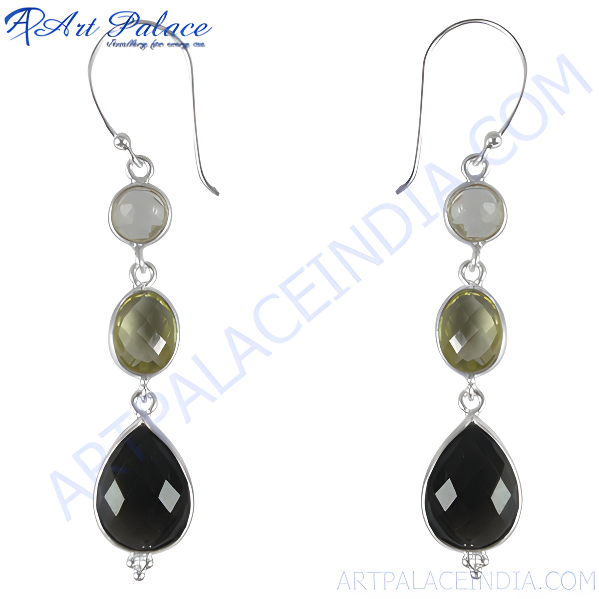 925 sterling silver drop earrings featuring multi colored gemstones, including round, oval, and pear cut stones