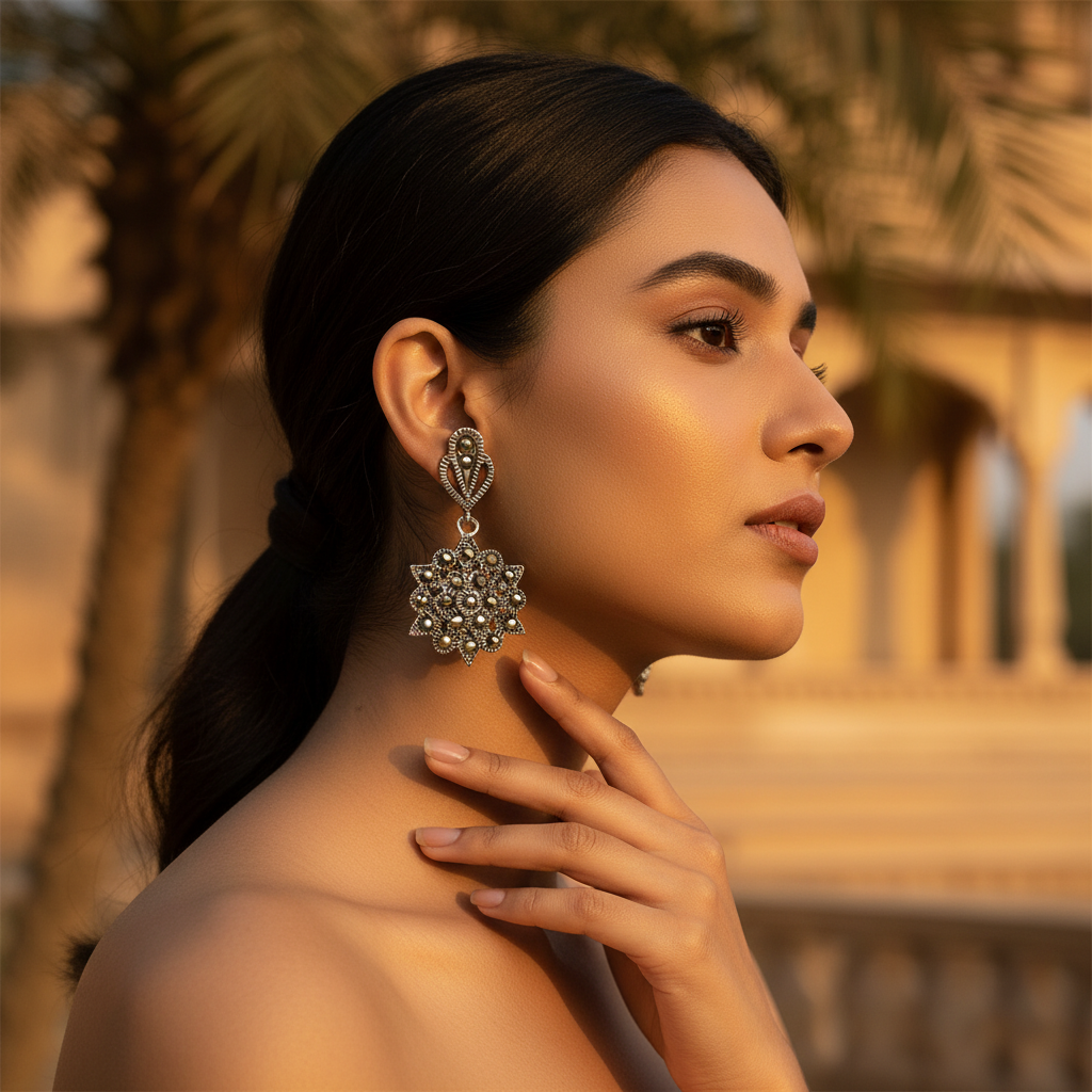 925 Silver Marcasite Earrings | Vintage Floral Design for Women