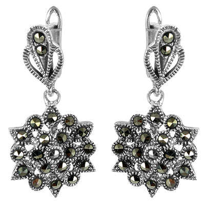 925 Silver Marcasite Earrings | Vintage Floral Design for Women