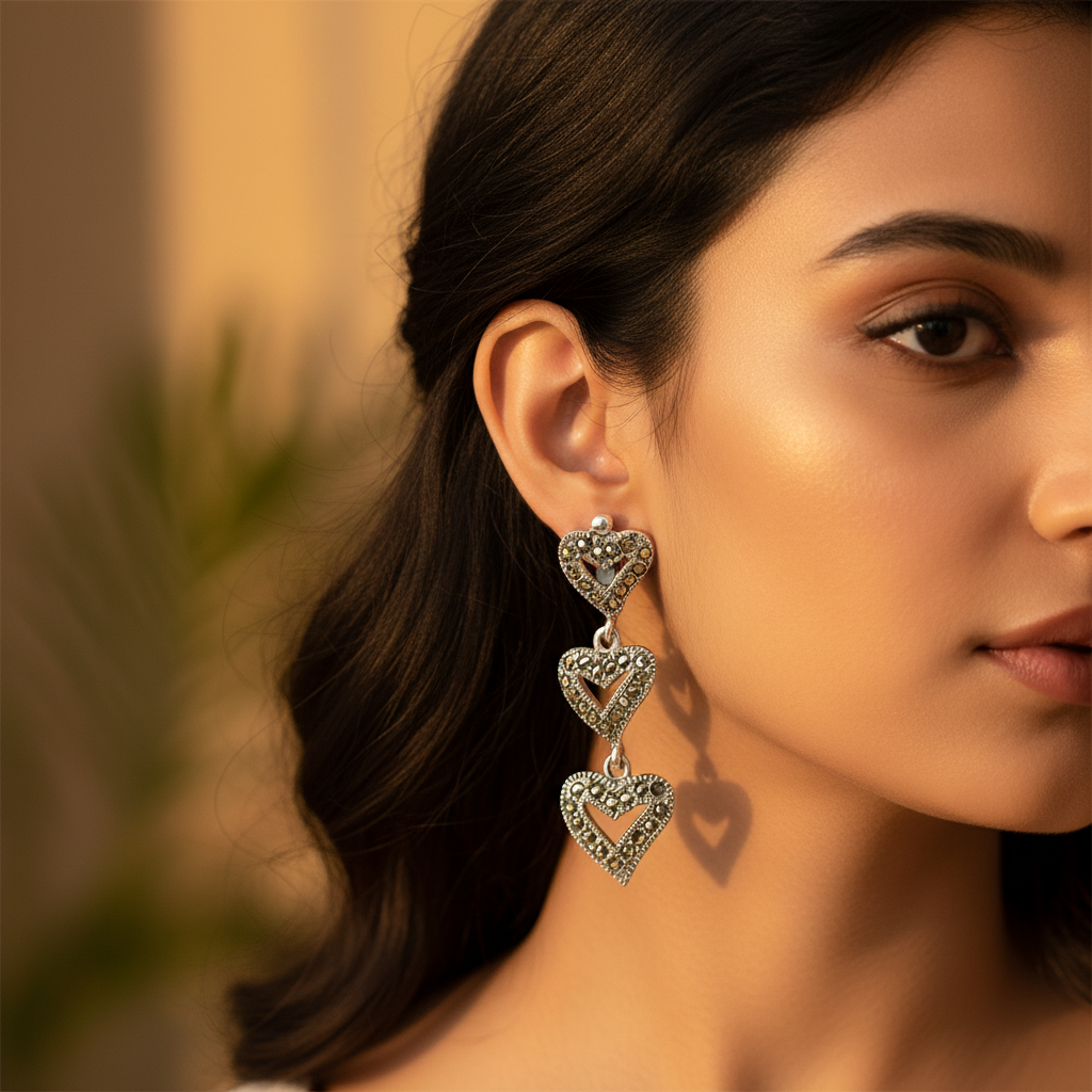 925 Silver Marcasite Heart Drop Earrings for Women | Gift