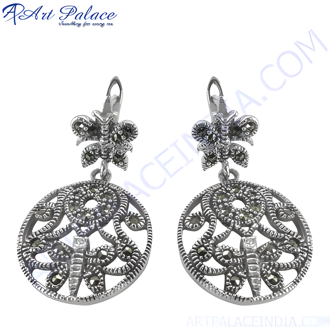 925 sterling silver butterfly drop earrings with marcasite gemstones, elegant silver jewelry.