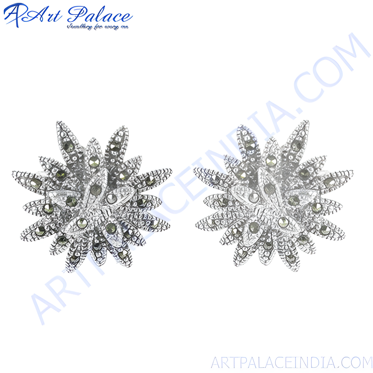 Silver flower stud earrings with a detailed filigree design and small gemstones, perfect for women's fashion jewelry