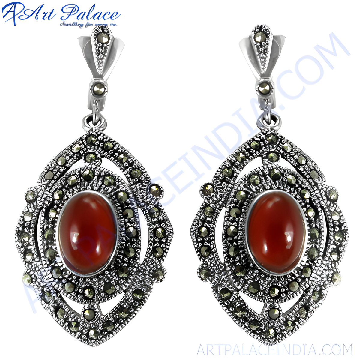 925 sterling silver drop earrings with a red garnet center stone and marcasite accents