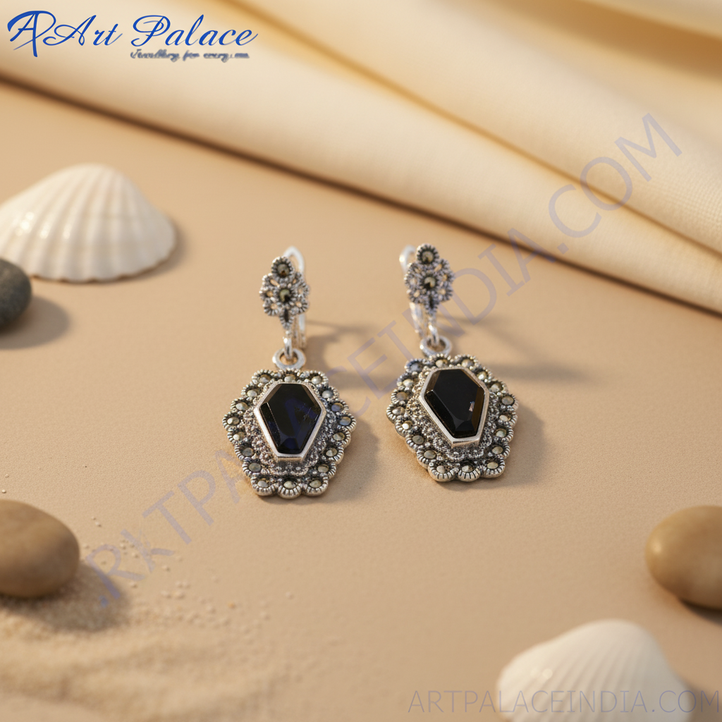 925 Silver Black Onyx Marcasite Earrings for Women | Gift
