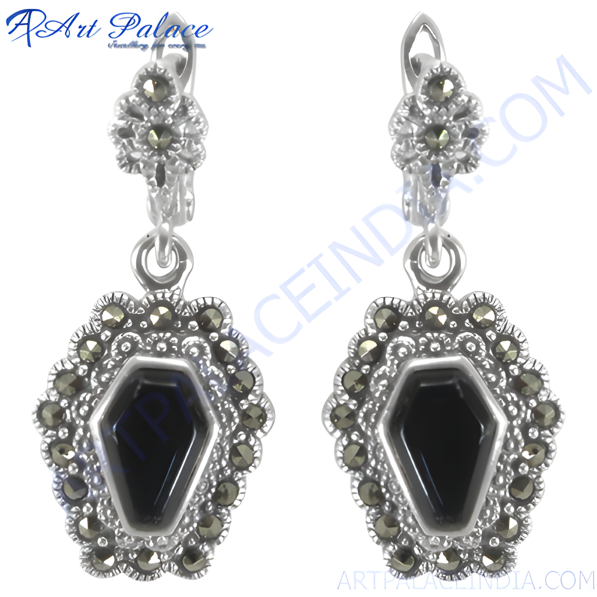 925 sterling silver dangle earrings with black onyx gemstone and marcasite accents