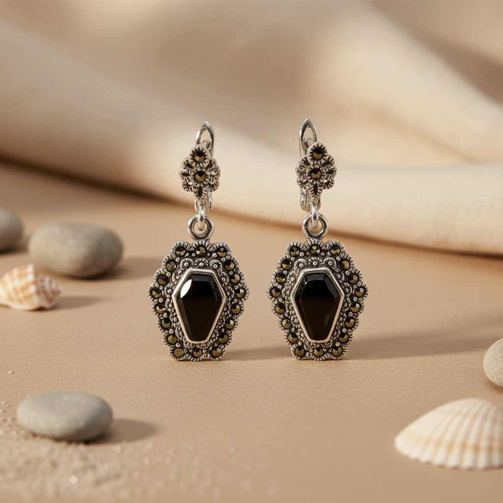 925 Silver Black Onyx Marcasite Earrings for Women | Gift