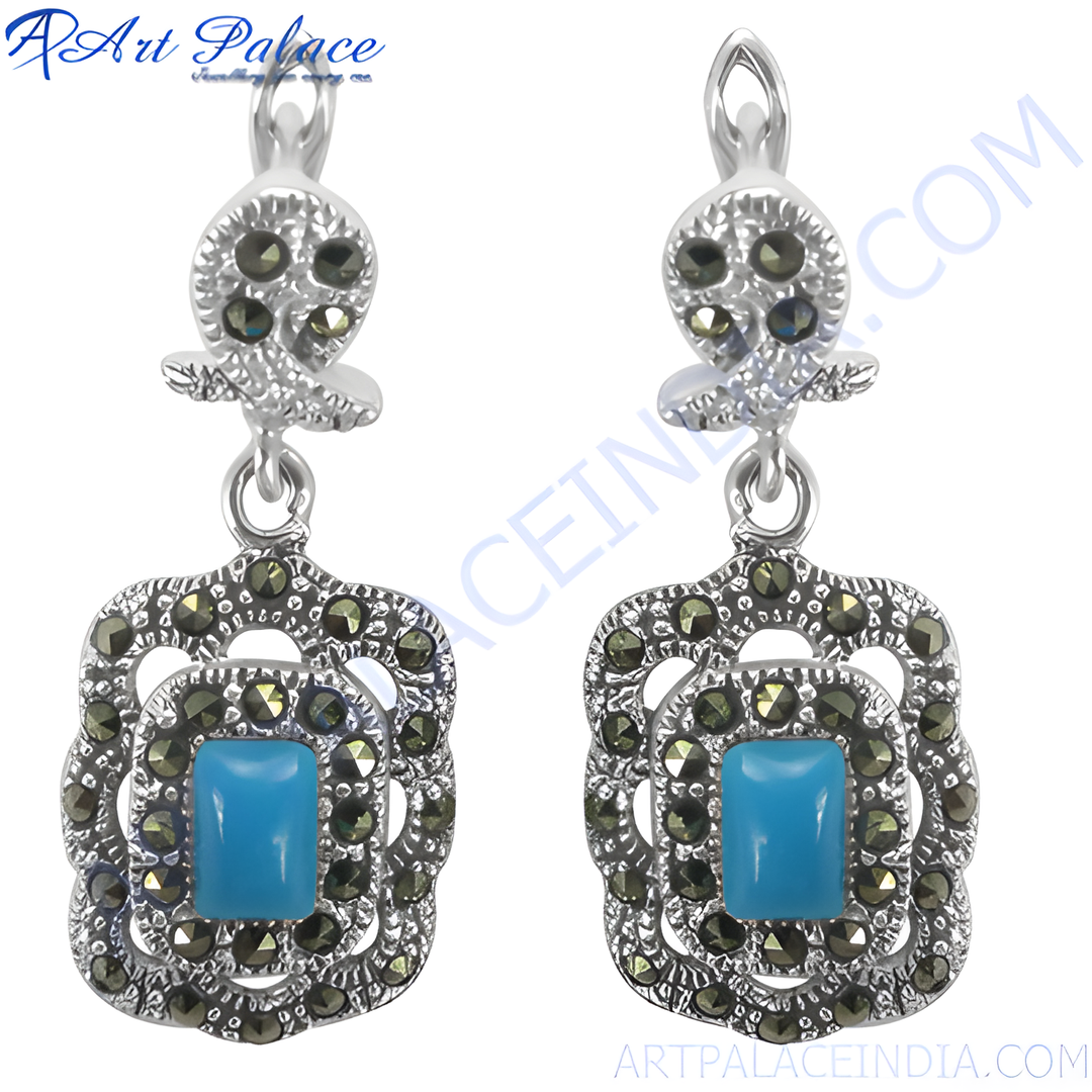 925 sterling silver dangle earrings with turquoise gemstone and marcasite detailing