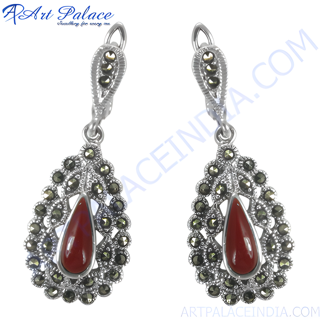 925 sterling silver teardrop earrings with red coral and marcasite stones.