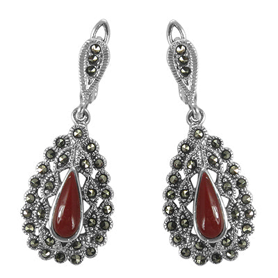 925 Silver Marcasite & Red Coral Teardrop Earrings for Women