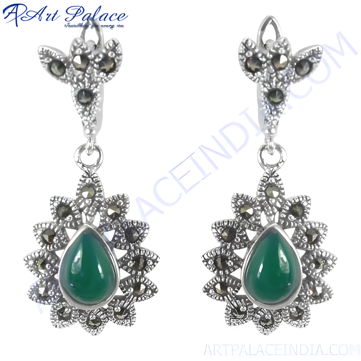 925 sterling silver drop earrings with green onyx gemstone and marcasite accents