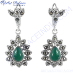 Load image into Gallery viewer, 925 sterling silver drop earrings with green onyx gemstone and marcasite accents
