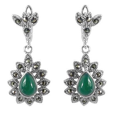 925 Silver Green Onyx & Marcasite Drop Earrings for Women
