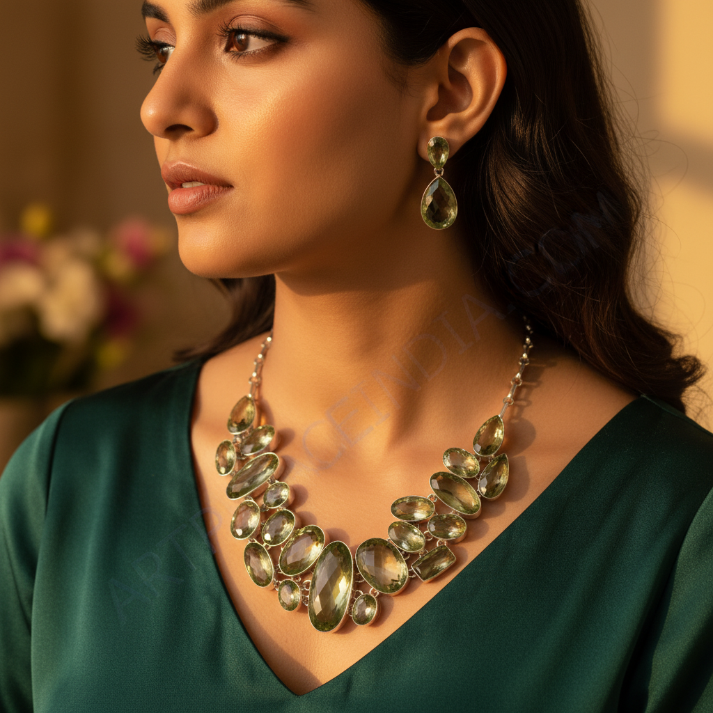 925 silver green amethyst necklace | statement jewelry for women