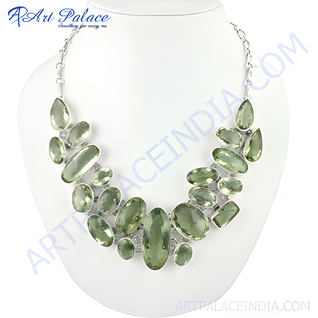Sterling silver statement necklace featuring green amethyst gemstones on a white mannequin