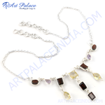 Load image into Gallery viewer, Sterling silver necklace with multi-colored gemstones including garnet, amethyst, and citrine.
