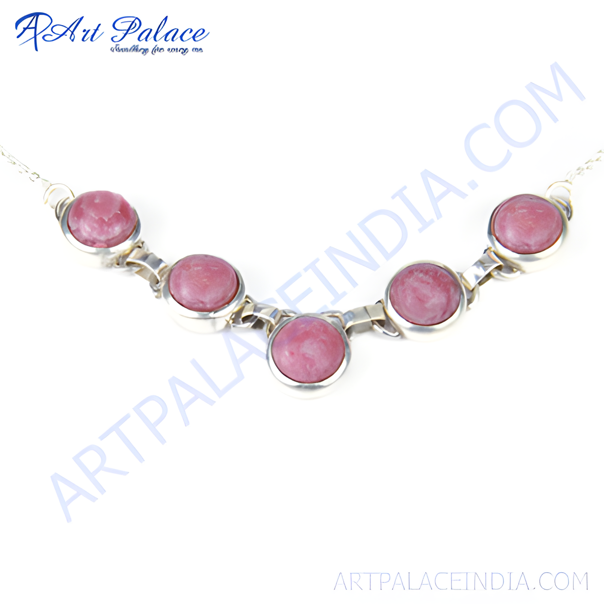 Sterling silver necklace featuring five round pink rhodonite gemstones for women