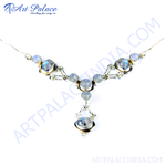 Load image into Gallery viewer, 925 sterling silver necklace with multiple round moonstone gemstones, displaying iridescent colors, white background
