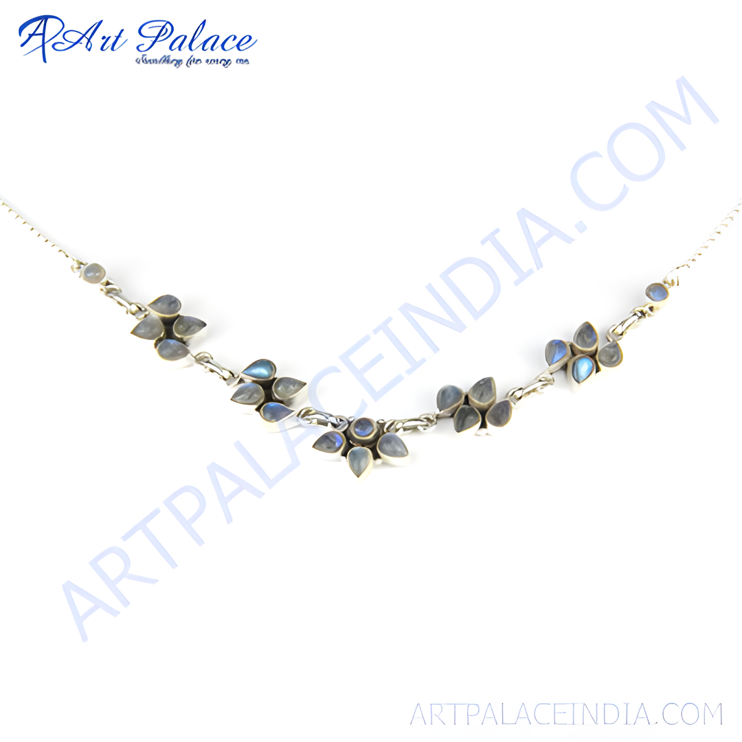 925 sterling silver moonstone flower necklace with pear-shaped blue and gray gemstones