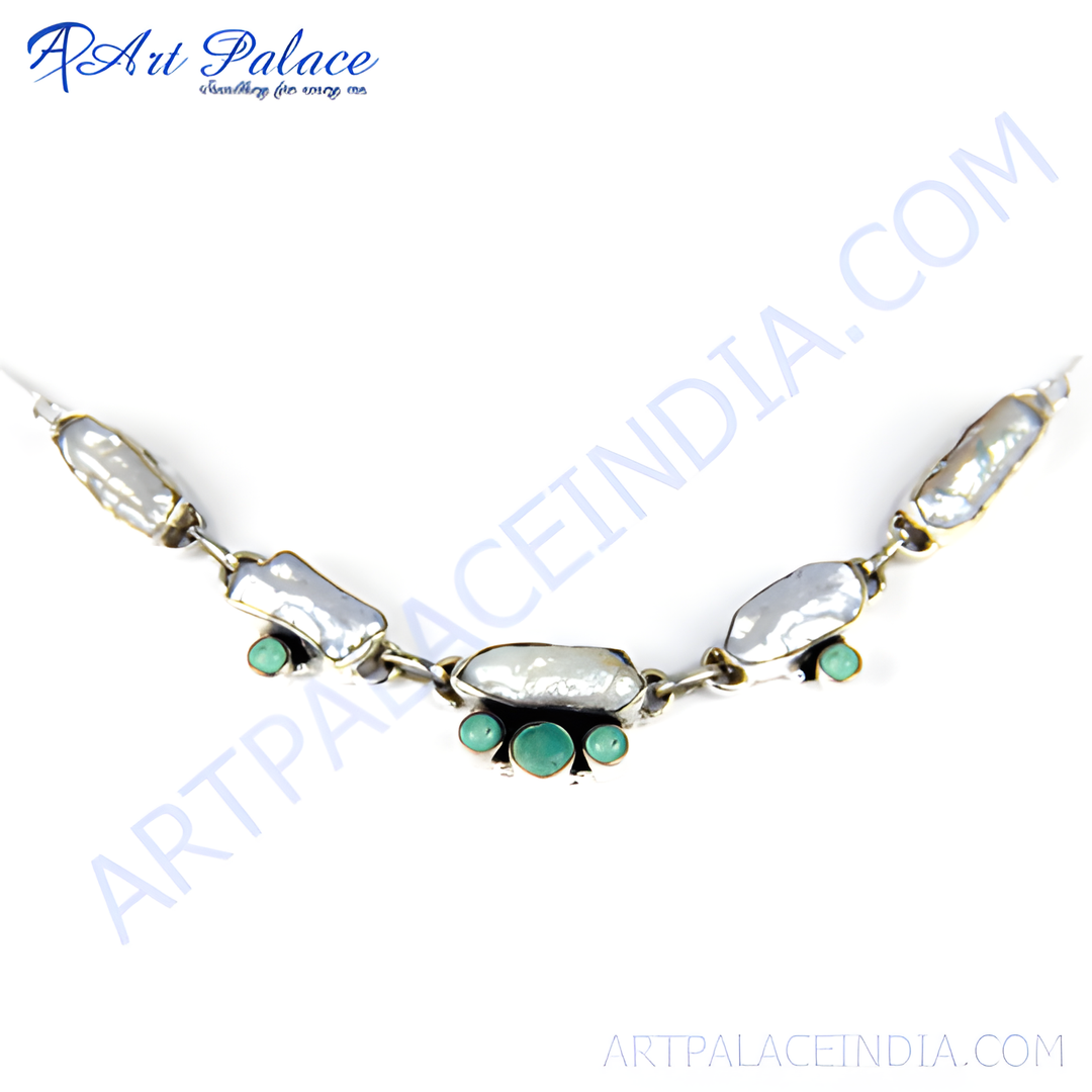 925 sterling silver necklace featuring freshwater pearls and turquoise accents.
