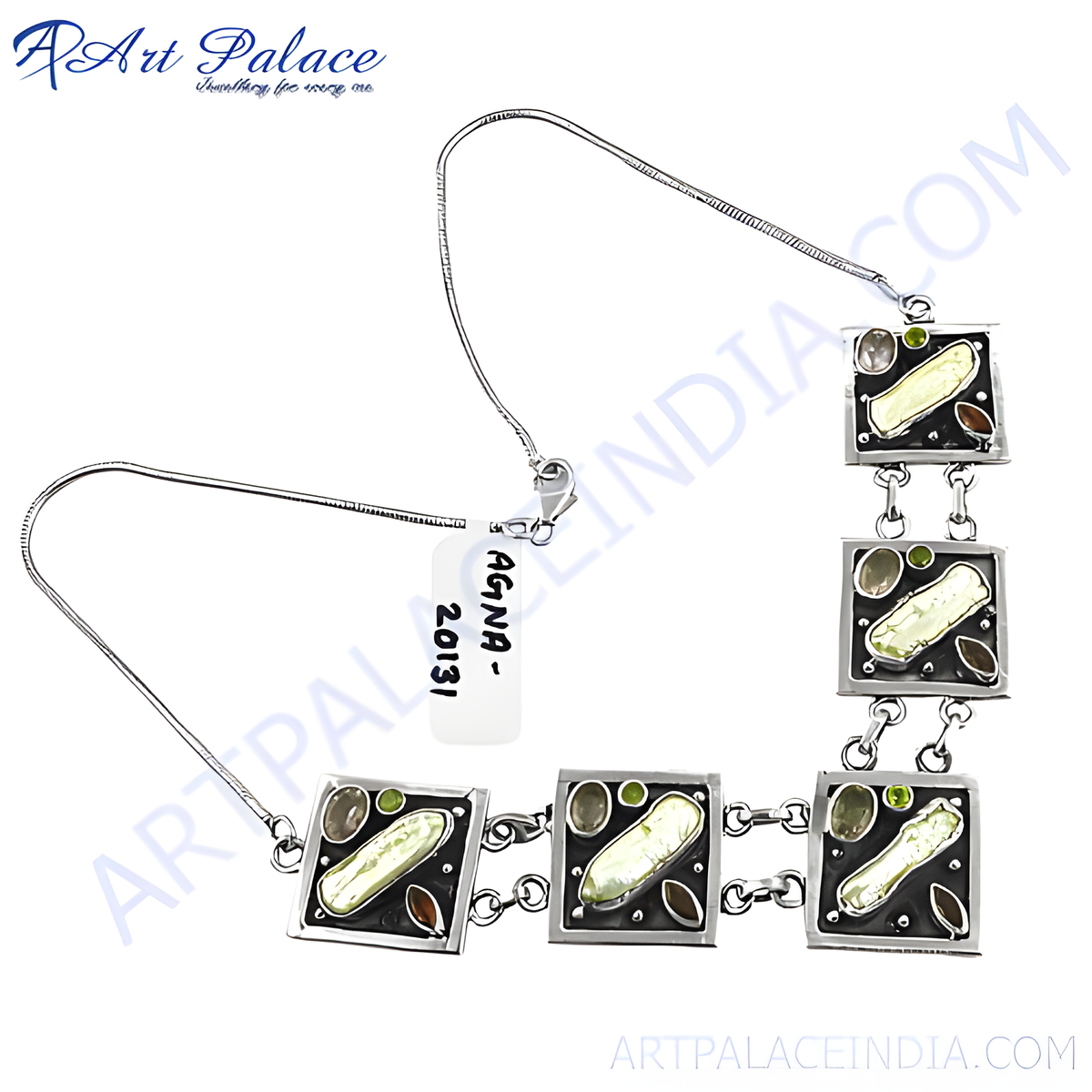 Silver gemstone square chain necklace with a black enamel background and unique gemstones