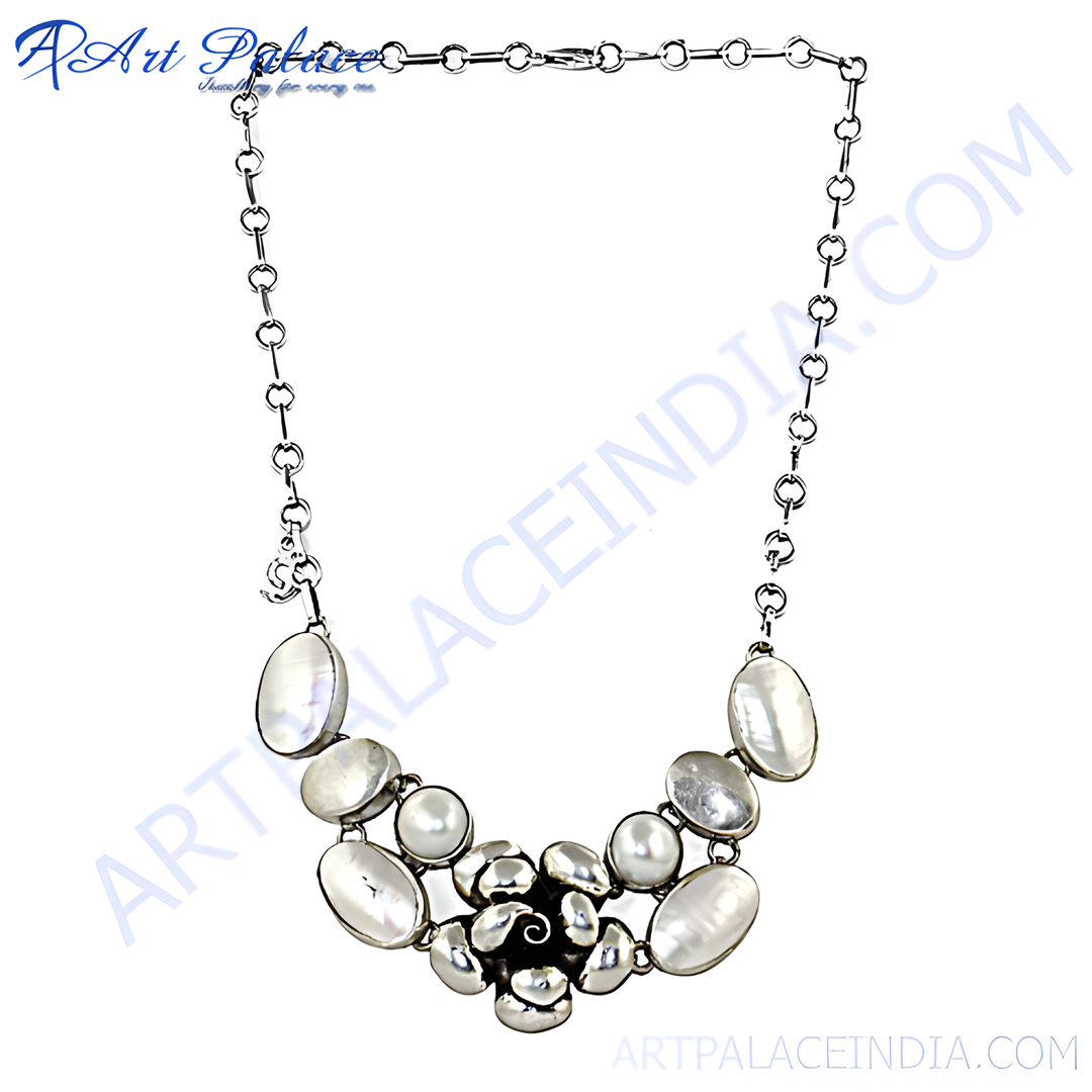 Sterling silver necklace with oval and round mother of pearl gemstones, suitable for women.