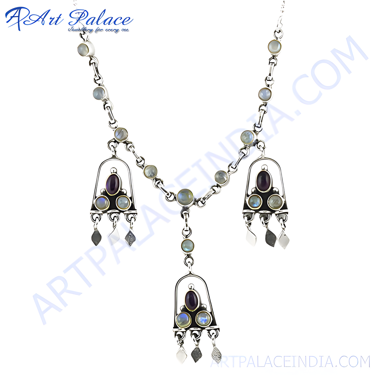 Sterling silver moonstone pendant necklace with a detailed design