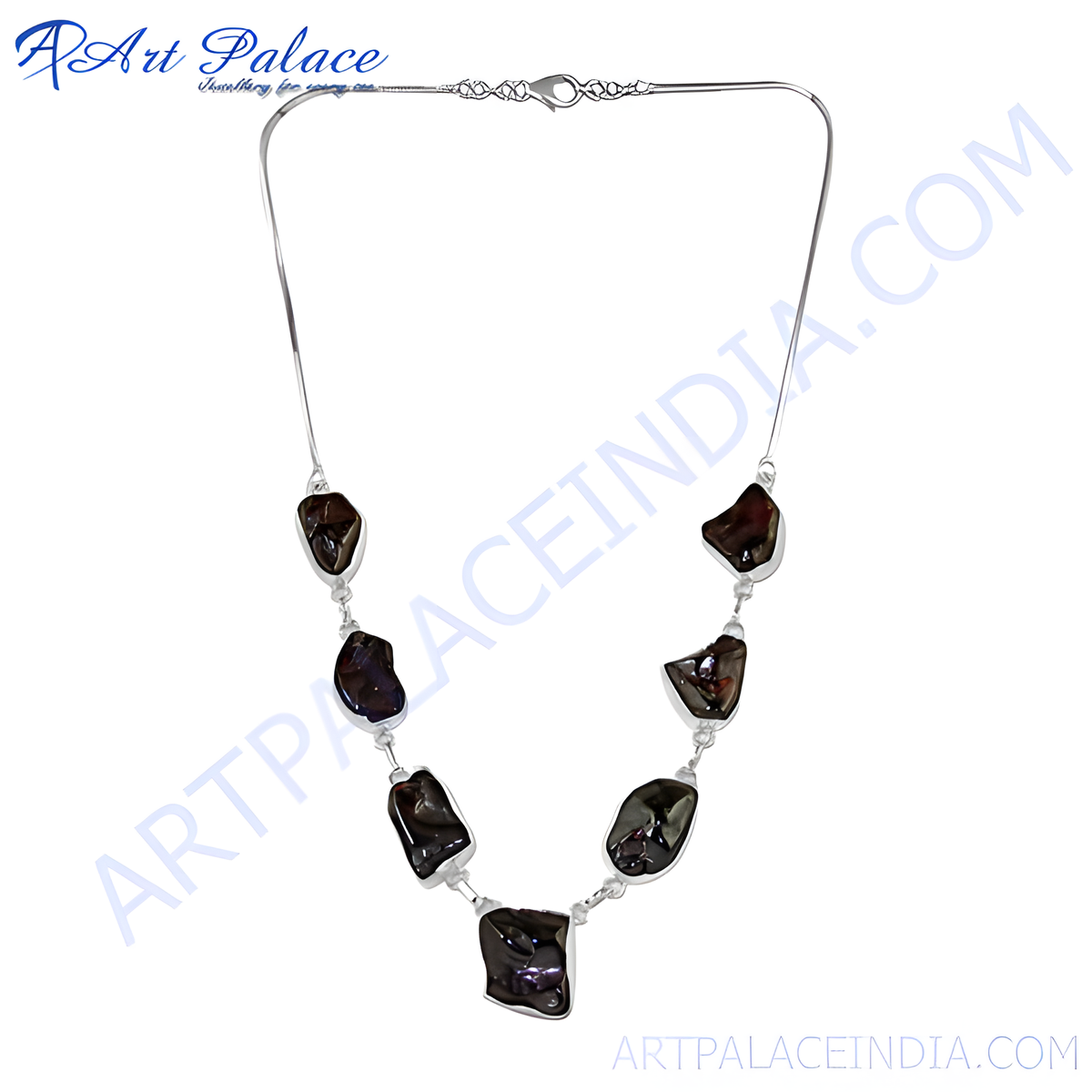 Silver necklace with dark, irregular black pearls