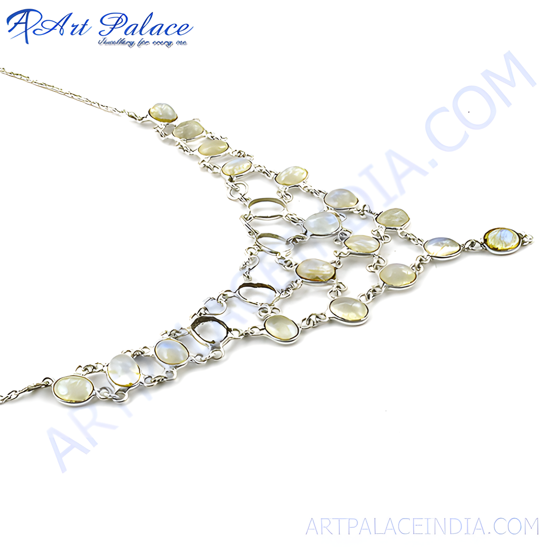 Sterling silver necklace with multiple mother of pearl stones, a beautiful piece of fashion jewelry.