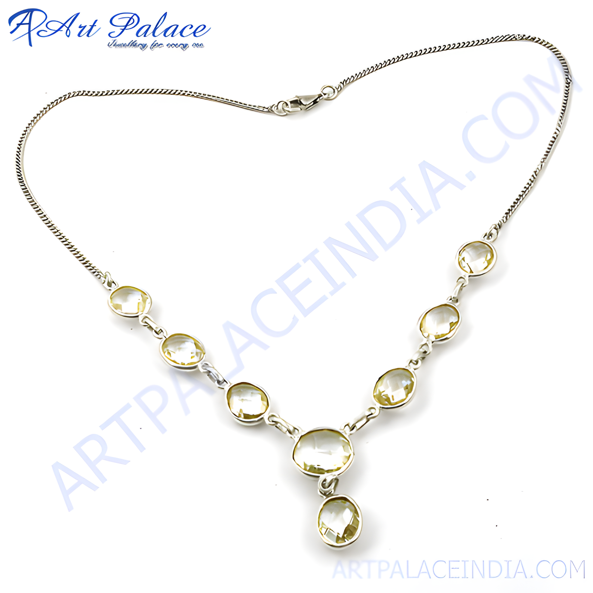925 sterling silver necklace with oval shaped citrine gemstones, a yellow color