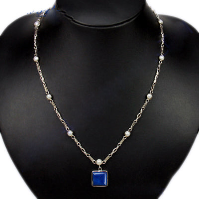Silver Lapis Lazuli Necklace with Pearls for Women | Elegant Jewelry