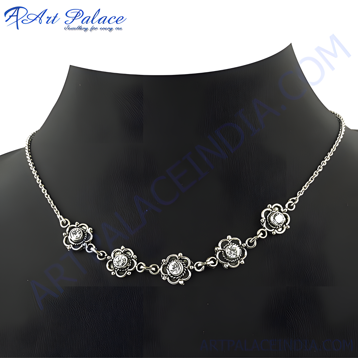Sterling silver necklace with flower shaped pendants and sparkling gemstones, elegant women's jewelry