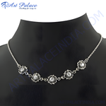 Load image into Gallery viewer, Sterling silver necklace with flower shaped pendants and sparkling gemstones, elegant women&#39;s jewelry.

