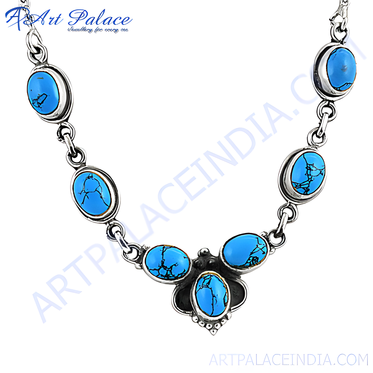 925 sterling silver necklace with oval shaped turquoise gemstones in a unique design