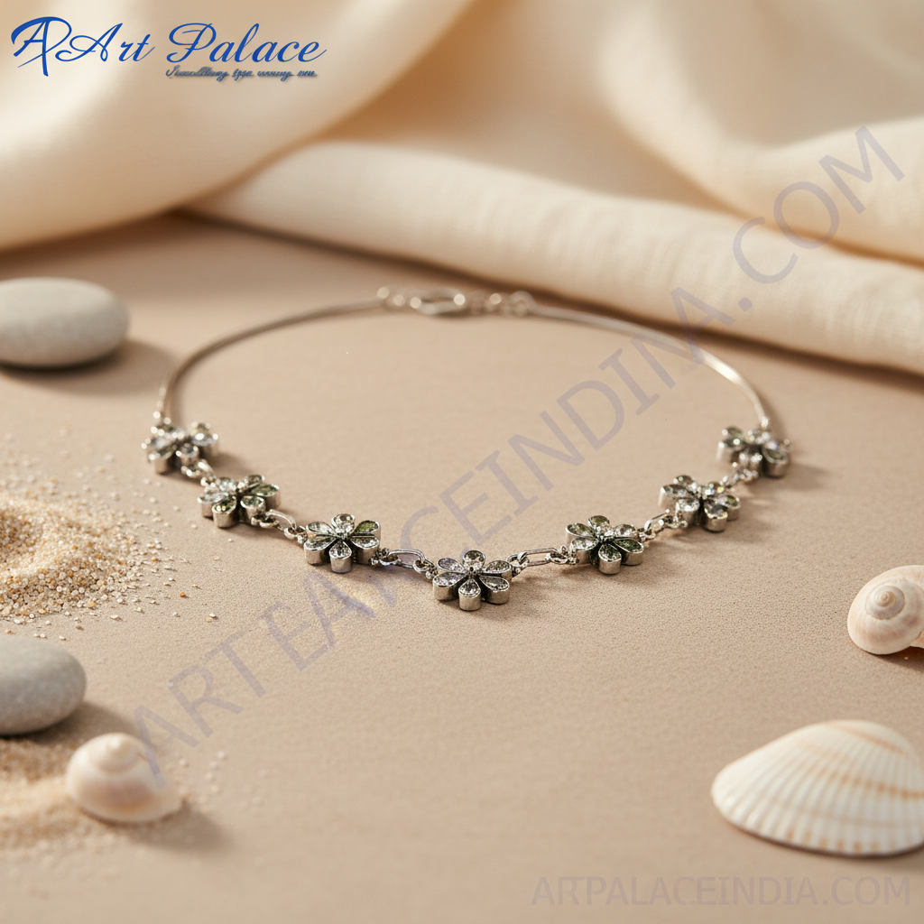 Silver Flower Necklace | Crystal Floral Necklace for Women