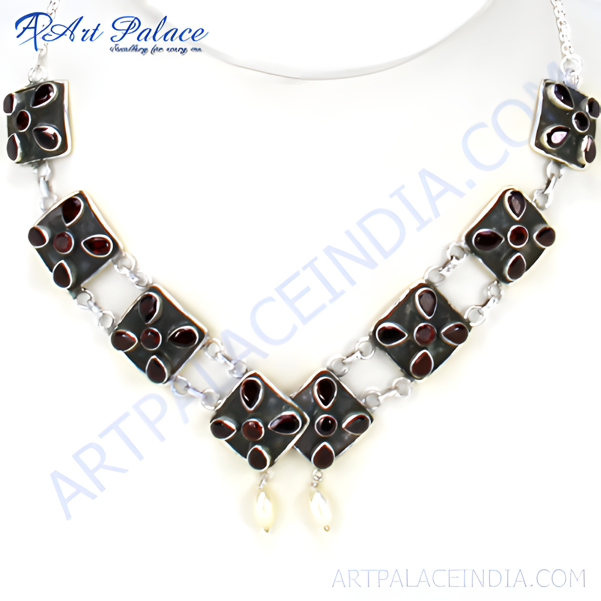 Sterling silver necklace with dark red garnet gemstones and white pearls, elegant women's jewelry