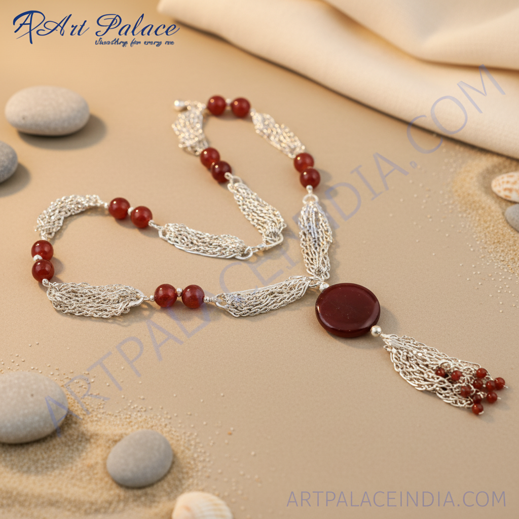 Silver Red Agate Beaded Necklace for Women | Statement Jewelry