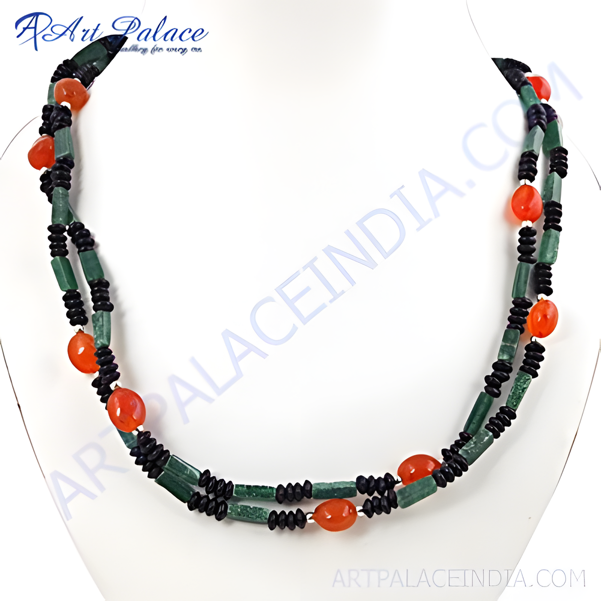 Green jade and carnelian beaded necklace on a white mannequin, featuring vibrant colors and natural gemstones