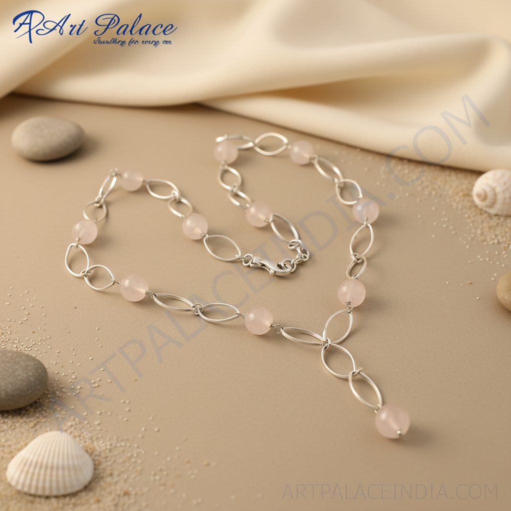 925 Silver Rose Quartz Beaded Necklace for Women | Gift Jewelry