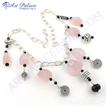 Load image into Gallery viewer, Sterling silver chain necklace with rose quartz and black gemstone beads, perfect for women.
