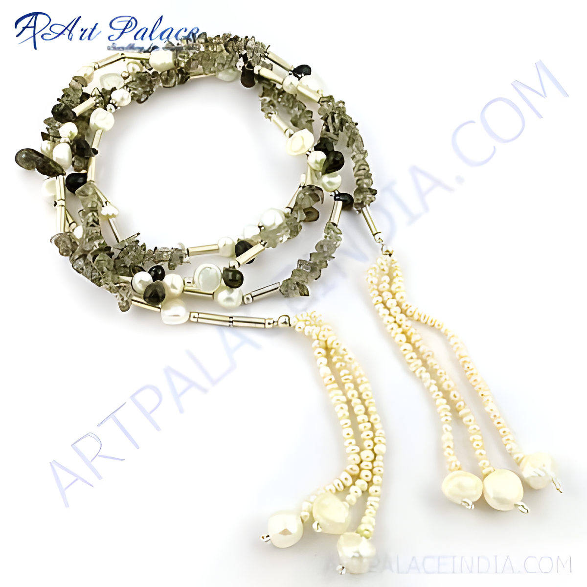 A beautiful pearl and gemstone necklace on a white background, highlighting its unique design