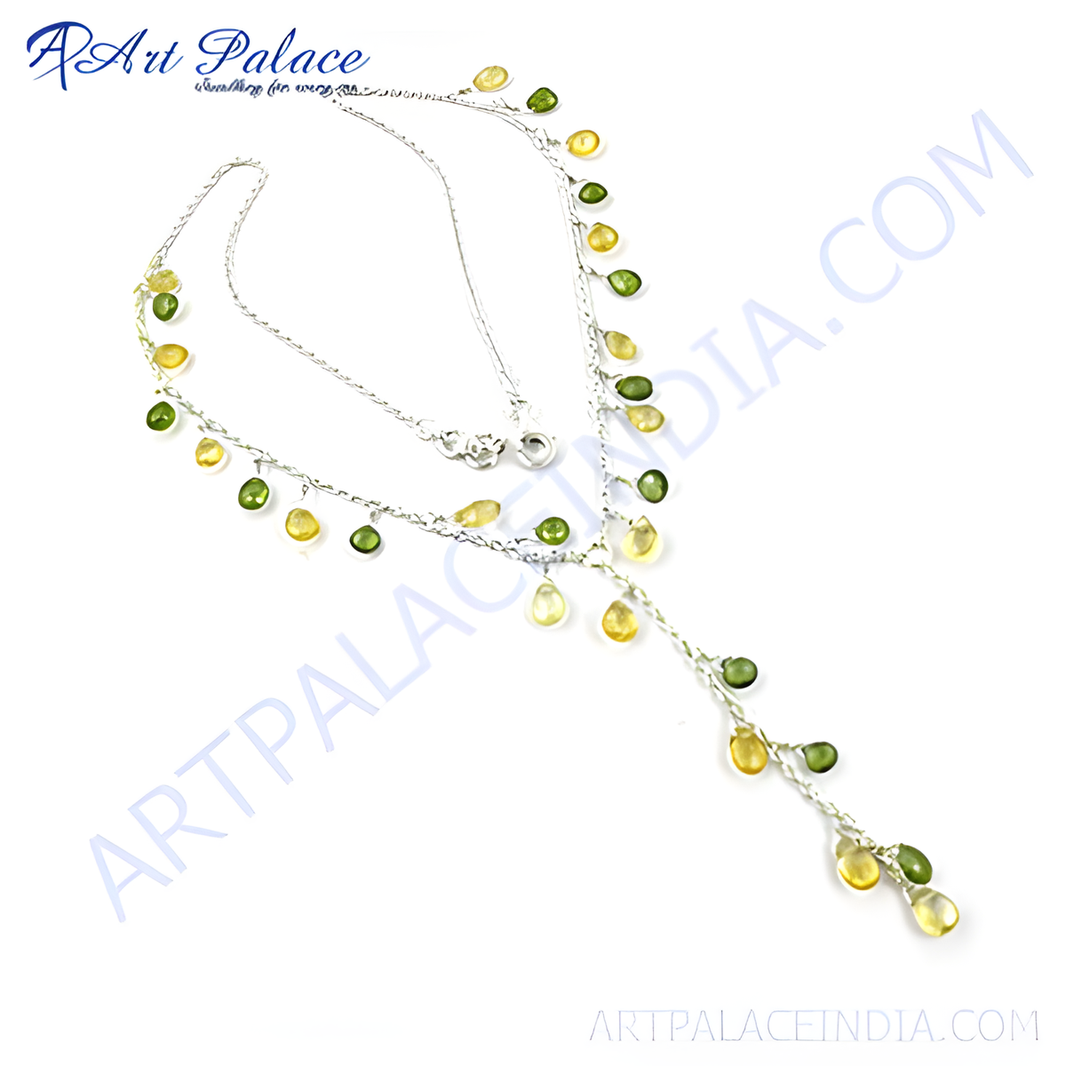 Sterling silver chain necklace with yellow and green pear shaped gemstones, a delicate piece for women