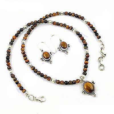 Tiger Eye Bead Necklace & Earrings Set | 925 Silver Jewelry